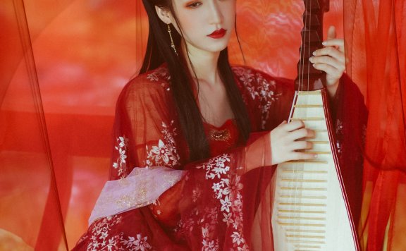 气质妹子柳若汐红妆古风汉服文化美女照 唯美清新美少女红衣琵琶美女图